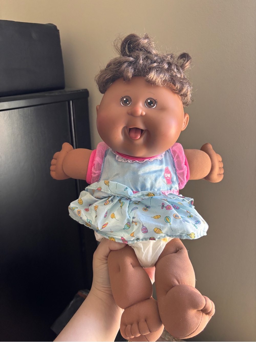 Brown Baby Doll in Pink & Light Blue Dress